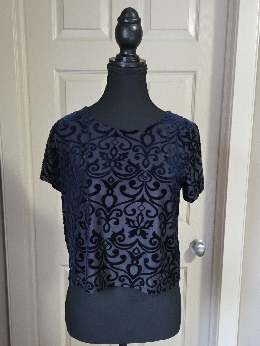 Charlotte Russe Navy Short Sleeve Burnout Velvet Tee